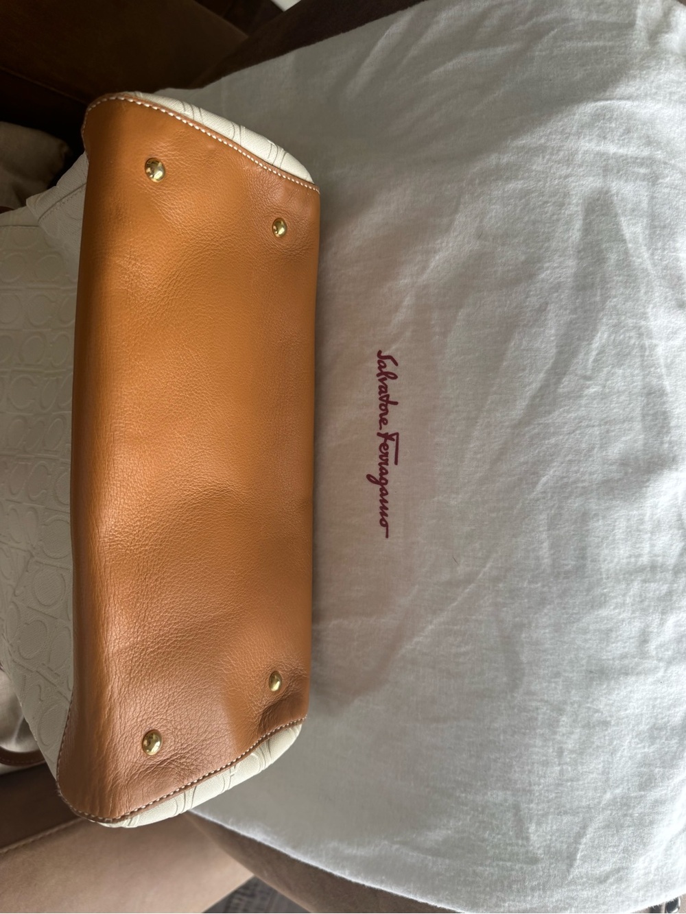 Salvatore Ferragamo Gancini Embossed Canvas & Leather Tote Bag, White/Tan - Picture 5 of 7